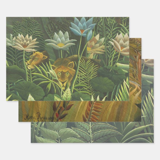 Rousseau Tropical Jungle Lion Painting Wrapping Paper Sheet (Set)