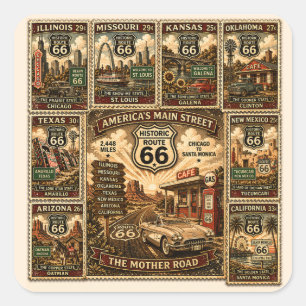 route 66 Americana Roadside Travel Stamp Art Square Sticker