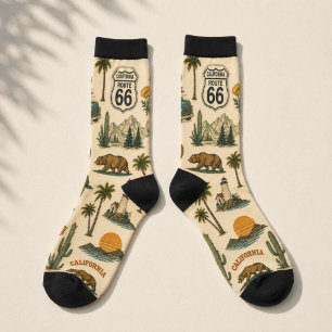 route 66 California Bear Desert Retro Travel Art Socks