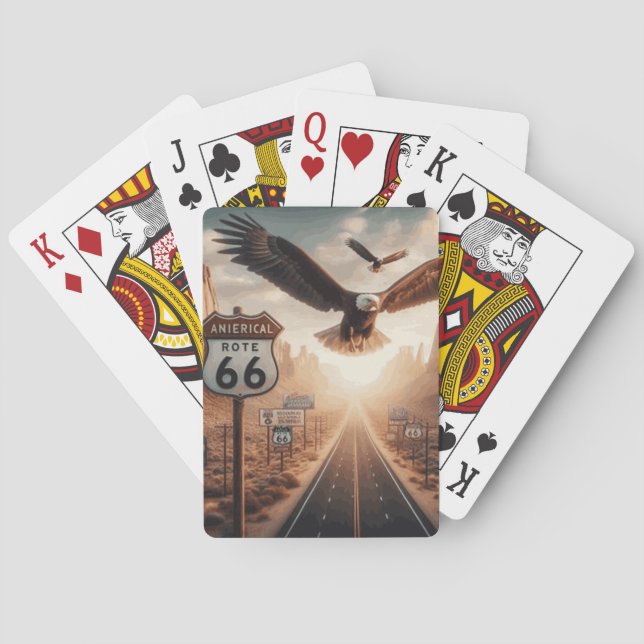 Route 66 card game with eagle in flight. (Back)