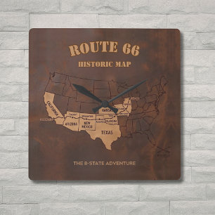 Route 66 Centennial 8-State Map Decor Square Wall Clock