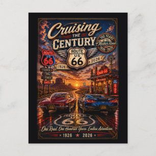 Route 66 Centennial Classic Cars Neon Road Postcard