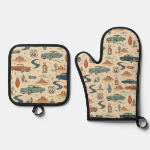 route 66 Classic Cars Desert Kitchen Style Oven Mitt & Pot Holder Set