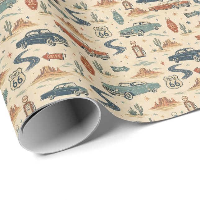 route 66 Classic Cars Retro Roadside Pattern Art Wrapping Paper (Roll Corner)