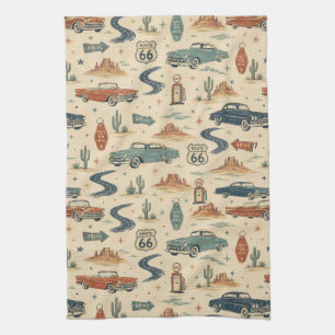 route 66 Classic Cars Roadside Kitchen Accent Tea Towel