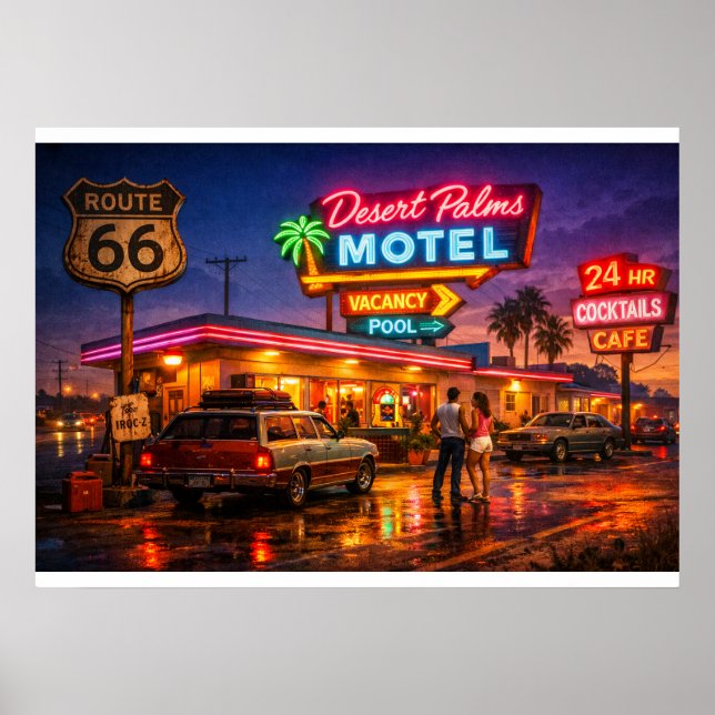 Route 66 Desert Palms Motel Glow Poster (Front)