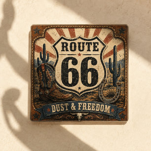 Route 66 Dust Freedom Vintage Western Tabletop Glass Coaster