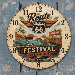Route 66 Festival Oklahoma Vintage Road Trip Large Clock