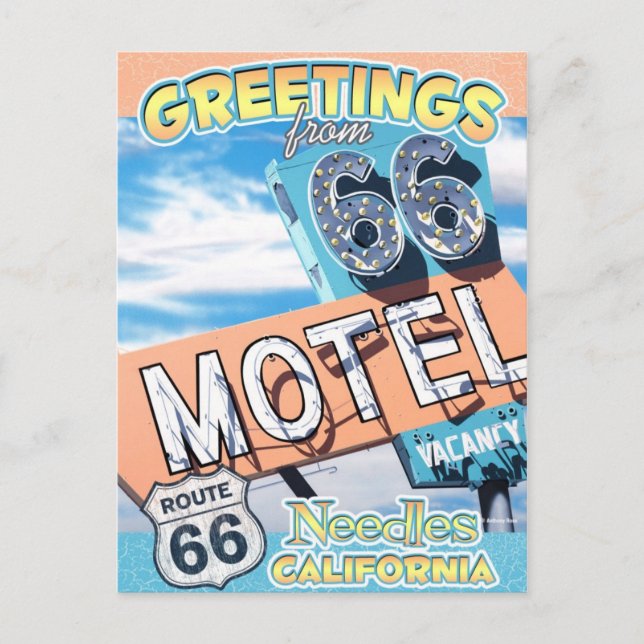 Route 66 Greetings Needles California Postcard (Front)