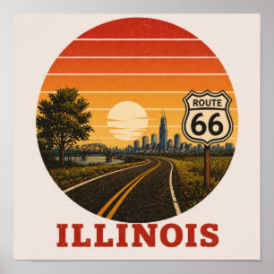 Route 66 Illinois Chicago Sunset Skyline Poster