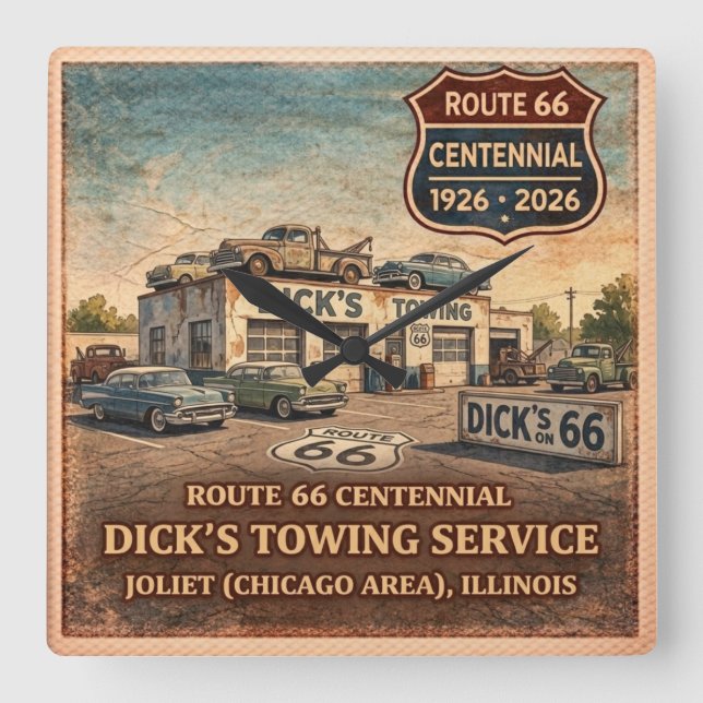 Route 66 Joliet Garage Timepiece Square Wall Clock (Front)