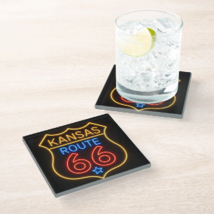 Route 66 Kansas Neon Americana Decor Glass Coaster