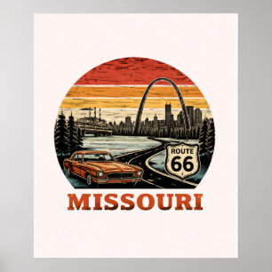 Route 66 Missouri Gateway Arch Retro Stripe Sunset Poster