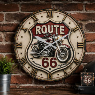 Route 66 Motorcycle American Highway Biker Decor Large Clock