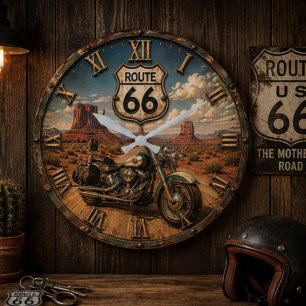 Route 66 Motorcycle Vintage Desert Highway Biker  Large Clock