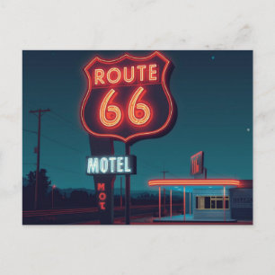 Route 66 Neon Motel Night Travel Art Postcard