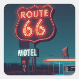 Route 66 Neon Motel Night Travel Art Square Sticker