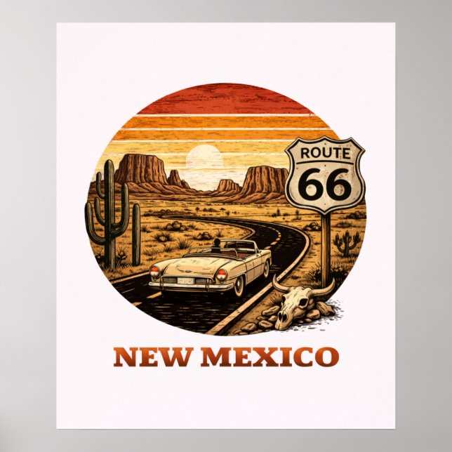 Route 66 New Mexico Desert Sunset Retro Poster (Front)