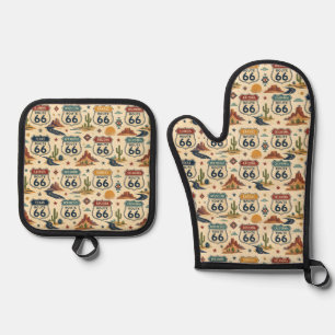route 66 Retro Oven Mitt Kitchen Decor & Pot Holder Set