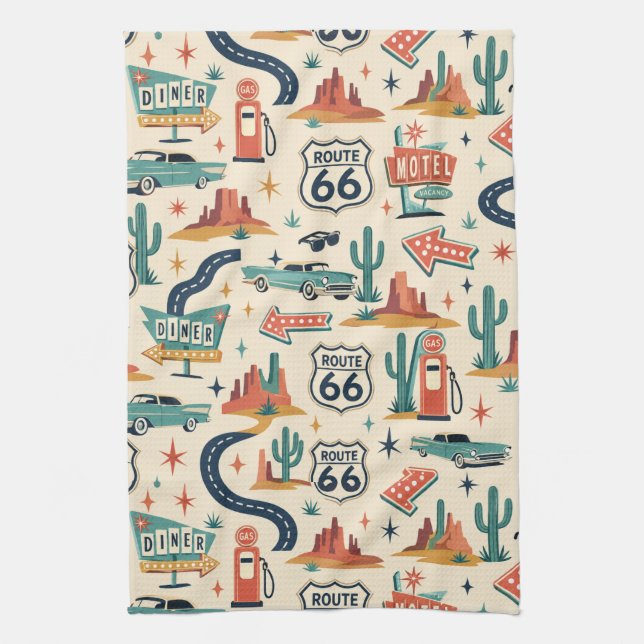 Route 66 Retro Roadside Kitchen Style Tea Towel (Vertical)