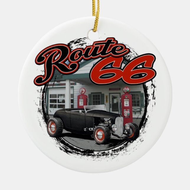 Route 66 Service Hot Rod Ceramic Tree Decoration (Front)