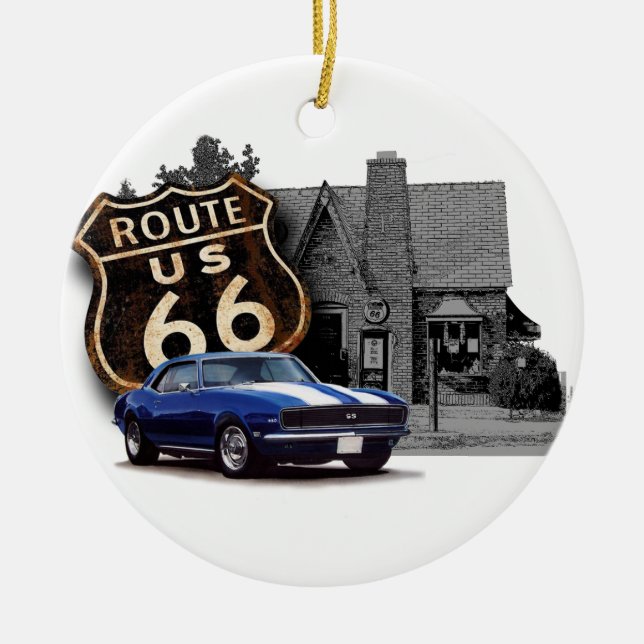Route 66 Service Scene Ceramic Tree Decoration (Front)