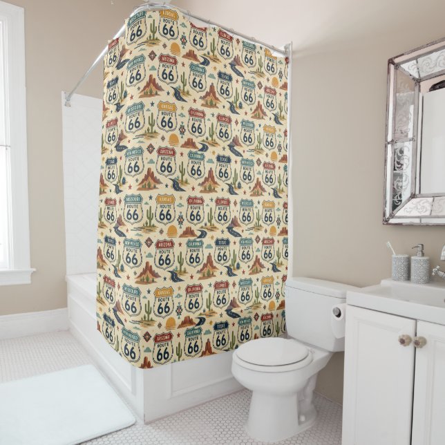 route 66 State Shield Southwest Bathroom Style Shower Curtain (In Situ)