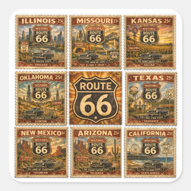 Route 66 State Stamp Stationery Art Square Sticker (Front)