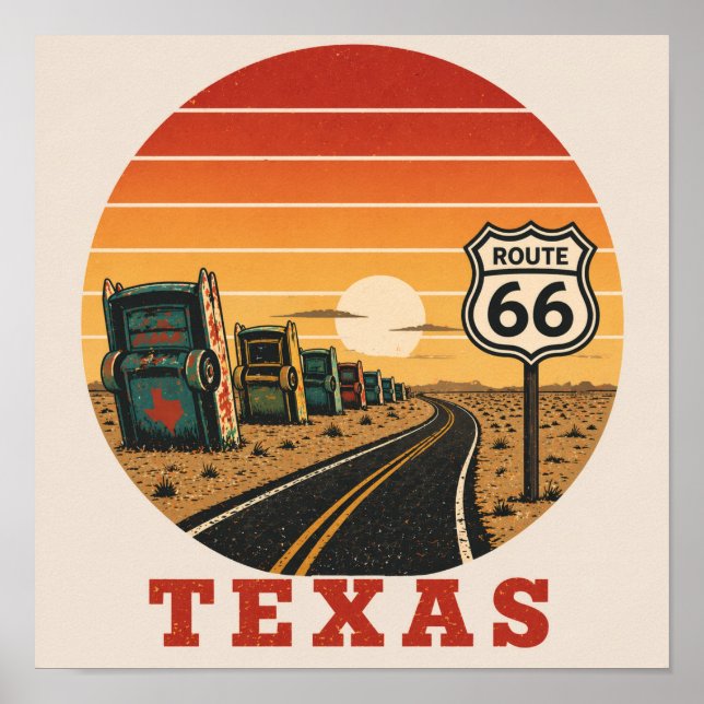 Route 66 Texas Cadillac Desert Sunset Poster (Front)