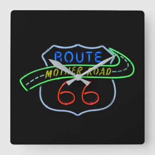 Route 66, The Mother Road, Neon Sign Square Wall Clock