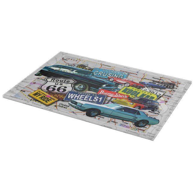 Route 66 Vintage Cars GLASS CUTTING BOARD (Corner)