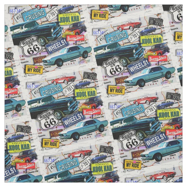 Route 66, Vintage cars, Road Trips Fabric (Swatch)