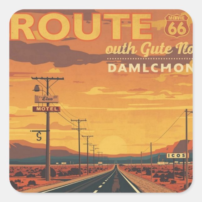 Route 66 Vintage Sunset Road Art Square Sticker (Front)