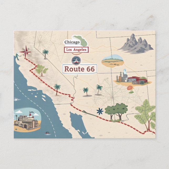Route 66 Vintage Travel Map Illustration Holiday Postcard (Front)