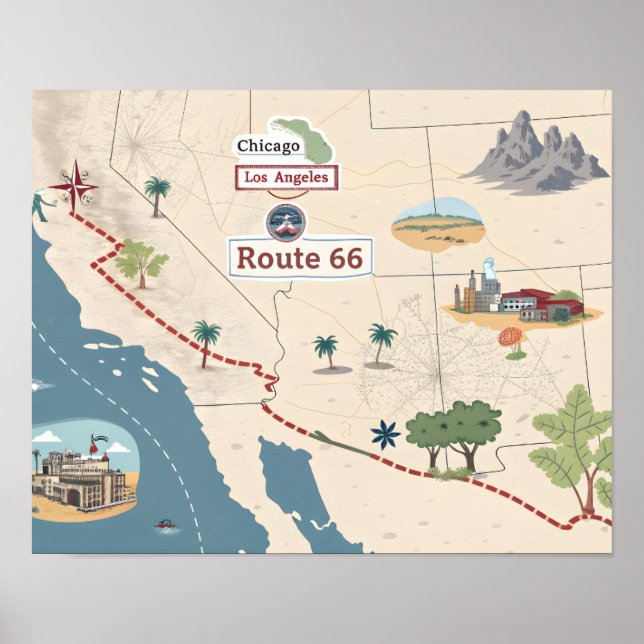 Route 66 Vintage Travel Map Illustration Poster (Front)