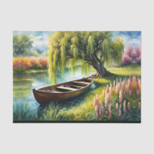 Row Boat in pond near willow tree Tissue Paper