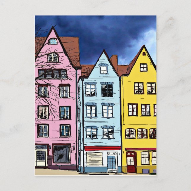 ROW HOUSES ART COLORFUL POSTCARD (Front)