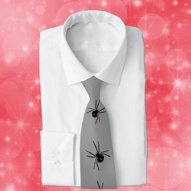 Row of Black Widow Spiders Red Marking Gray Tie (Line of black creepy crawley poisonous black widow spiders on dark grey neck tie.)