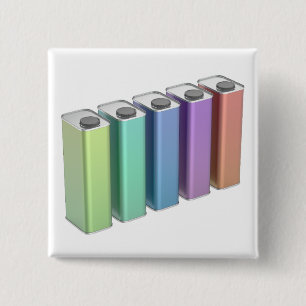 Row of five colourful square tin cans for motor oi 15 cm square badge