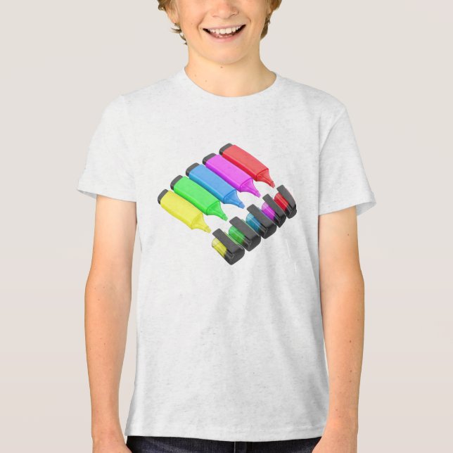 Row of five different coloured fluorescent pens Tri-Blend shirt (Front)