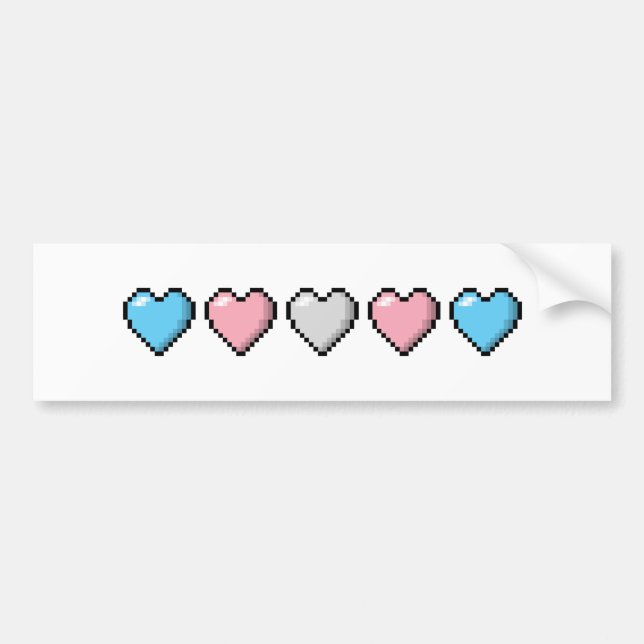 Row of Five Transgender Pride Flag Pixel Hearts Bumper Sticker (Front)