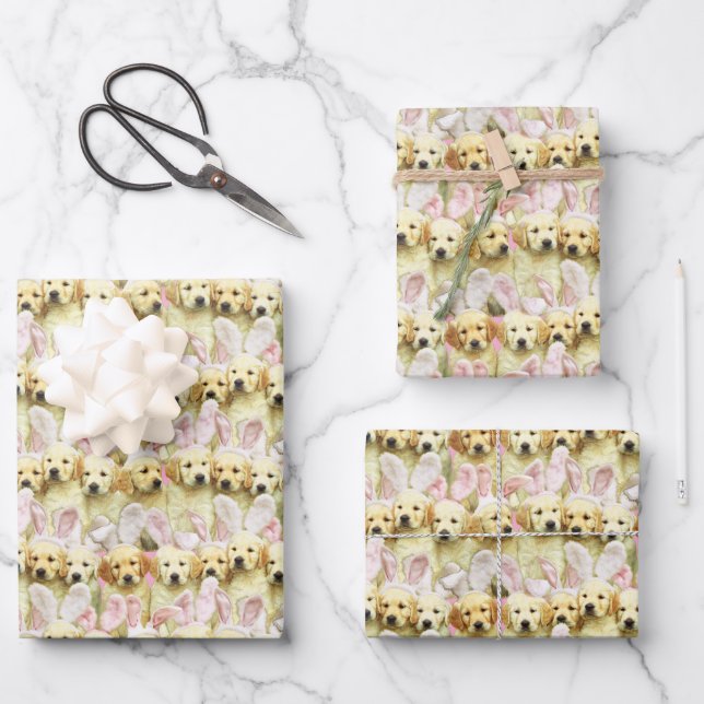 Row of Puppy Bunnies Wrapping Paper Sheet (Front)