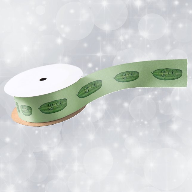 Row of silly Green Pickles Surprised Look on Face Satin Ribbon (Row of silly green pickles with surprised faces on light green gift wrap or craft ribbon.)