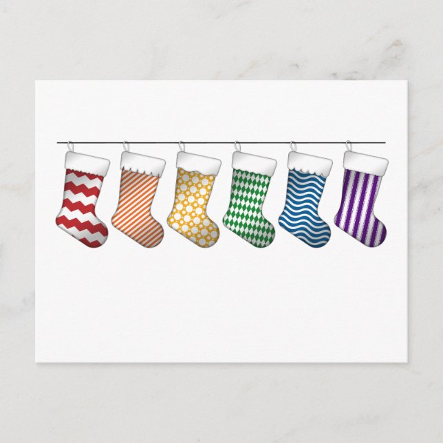 Row of Six LGBTQ Pride Rainbow Christmas Stockings Holiday Postcard (Front)