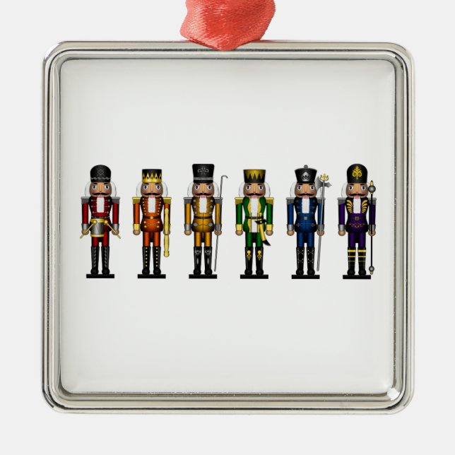 Row of Six LGBTQ Pride Rainbow Winter Nutcrackers Metal Tree Decoration (Front)