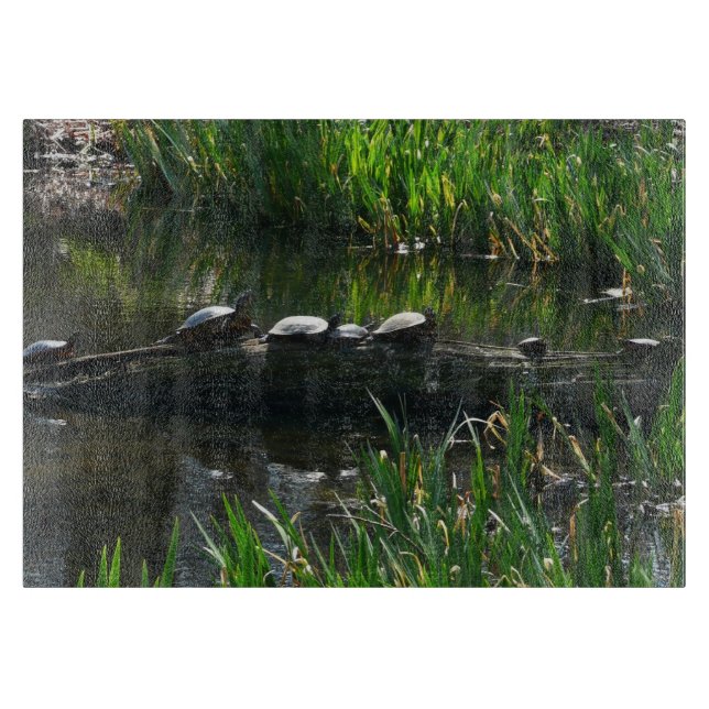 Row of Turtles Green Nature Photo Cutting Board (Front)