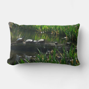 Row of Turtles Green Nature Photo Lumbar Cushion