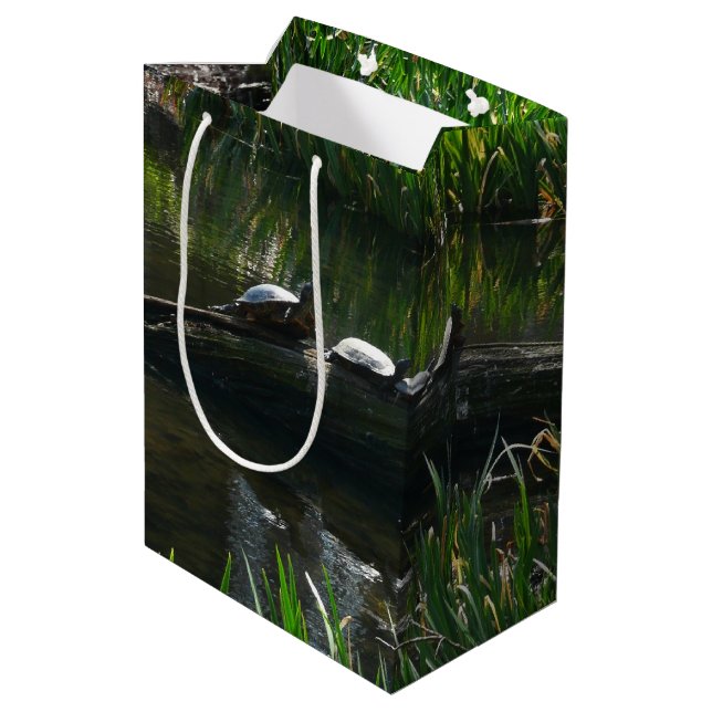 Row of Turtles Green Nature Photo Medium Gift Bag (Back Angled)