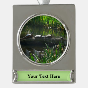 Row of Turtles Green Nature Photo Silver Plated Banner Ornament
