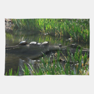 Row of Turtles Green Nature Photo Tea Towel